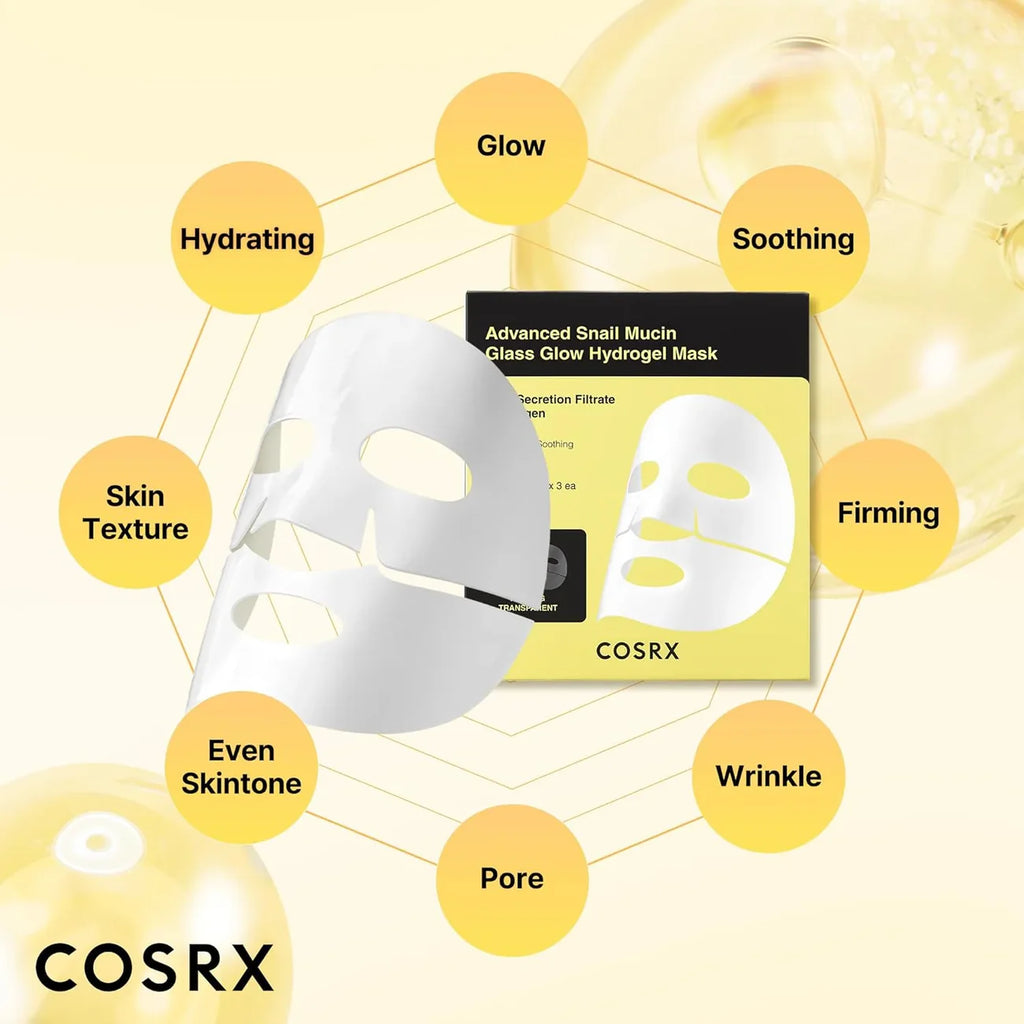 COSRX - Advanced Snail Mucin Glass Glow Hydrogel Mask Pack de 3 – Masque éclat et réparateur